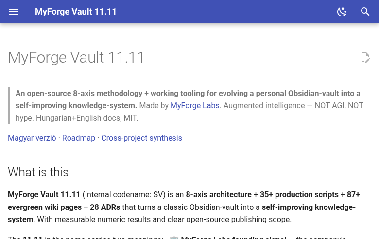 MyForge Vault 11.11 — live docs site screenshot